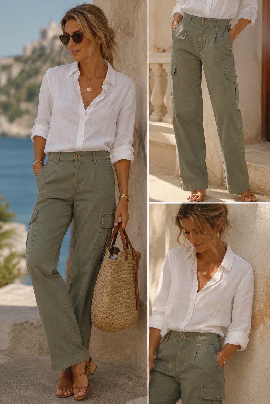 PAIGE Laurel Green Utility Cargo Pants New High Rise Straight Leg Quiet Luxury 4